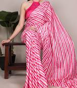 Pink and white diagonal striped satin saree