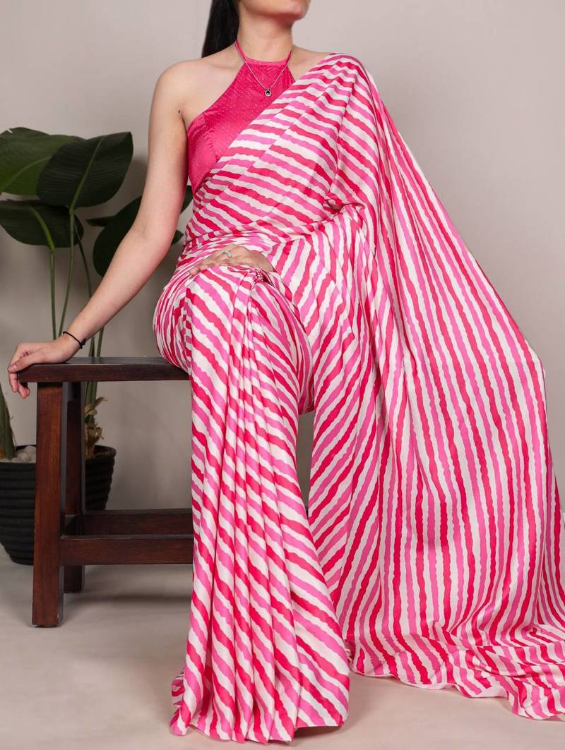 Pink and white diagonal striped satin saree
