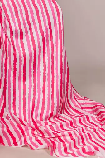 Pink and white diagonal striped satin saree