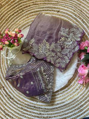 Purple satin embroidered saree 2
