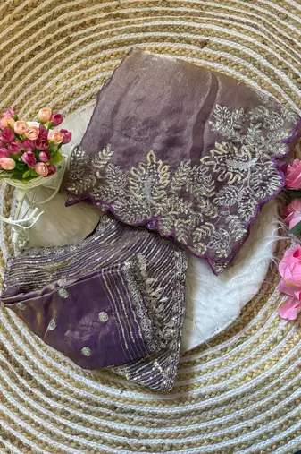 Purple satin embroidered saree