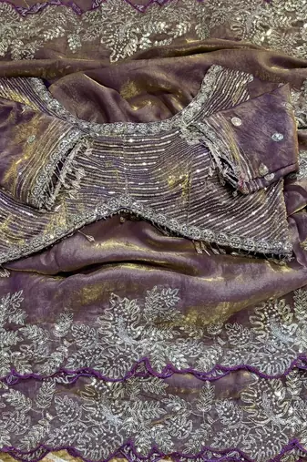 Purple satin embroidered saree