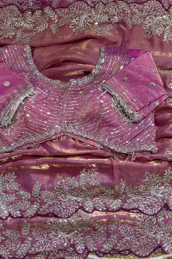Pink satin embroidered sareer