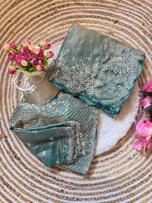 Teal satin embroidered saree 3