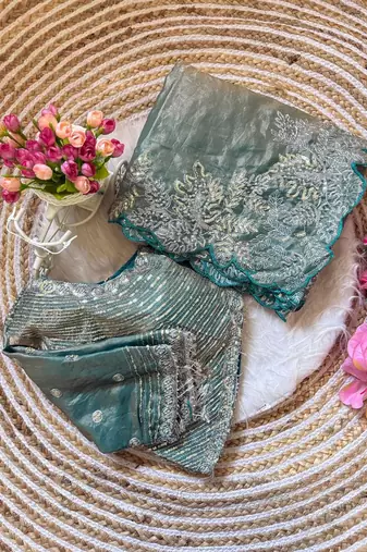 Teal satin embroidered saree
