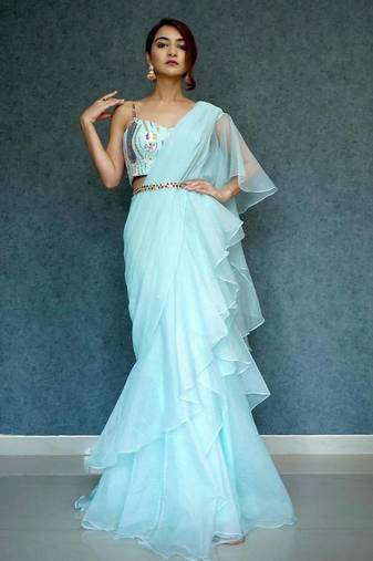 Sky blue ruffled saree with embellished bustier
