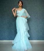 Sky blue ruffled saree with embellished bustier