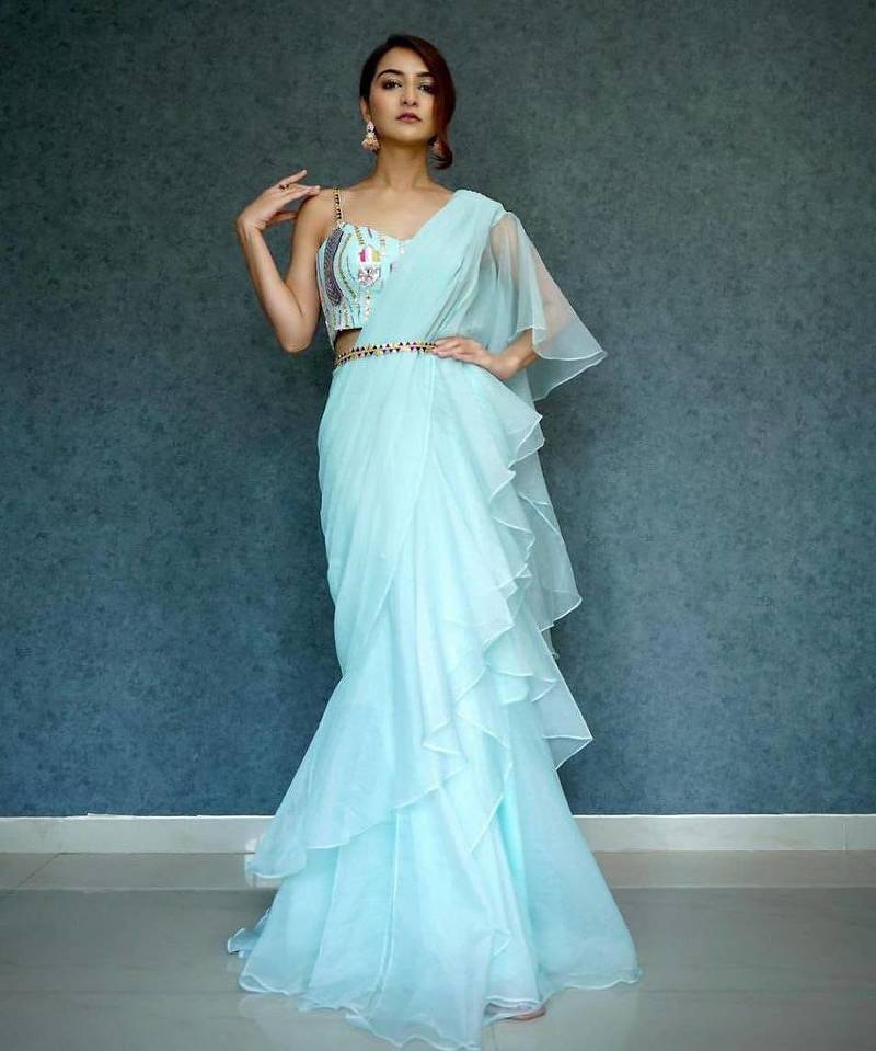 Sky blue ruffled saree with embellished bustier