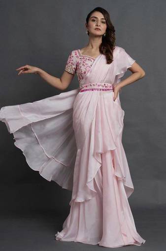 Pink ruffled saree with embellished bustie