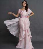 Pink ruffled saree with embellished bustie