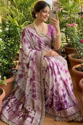 Pink silk blend shibori tie-dye saree