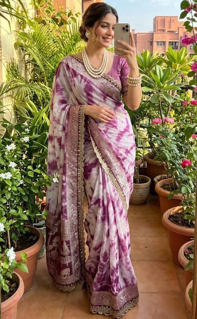 Pink silk blend shibori tie-dye saree