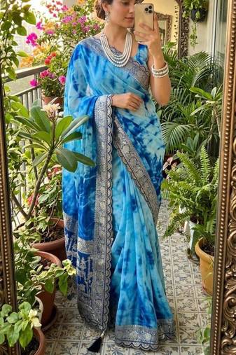Blue silk blend shibori tie-dye saree