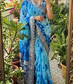 Blue silk blend shibori tie-dye saree