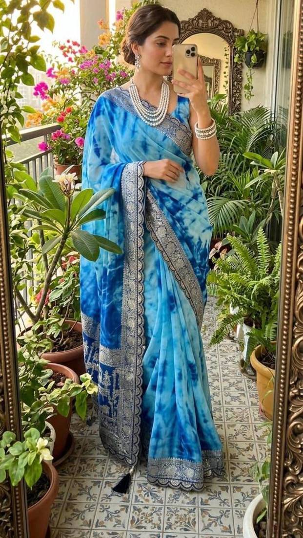 Blue silk blend shibori tie-dye saree