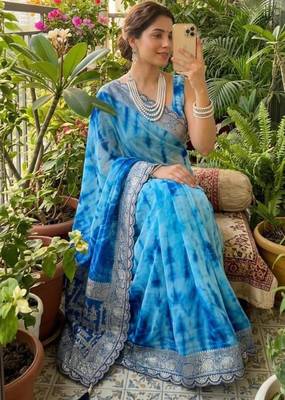 Blue silk blend shibori tie-dye saree 4