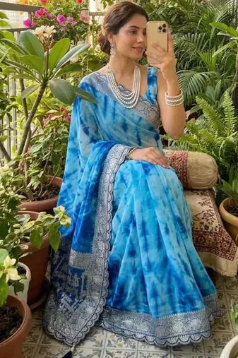 Blue silk blend shibori tie-dye saree