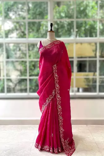 Red silk blend embroidered saree