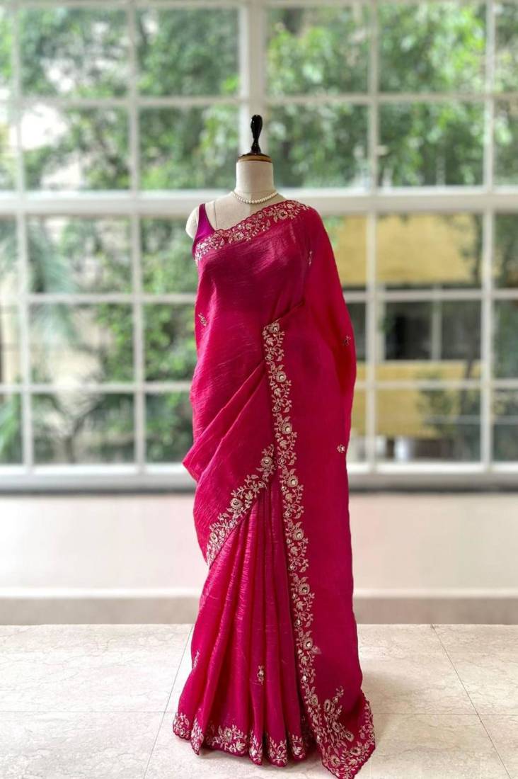 Red silk blend embroidered saree