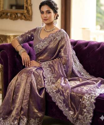 Purple satin embroidered saree 4