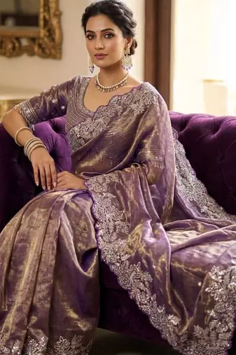 Purple satin embroidered saree