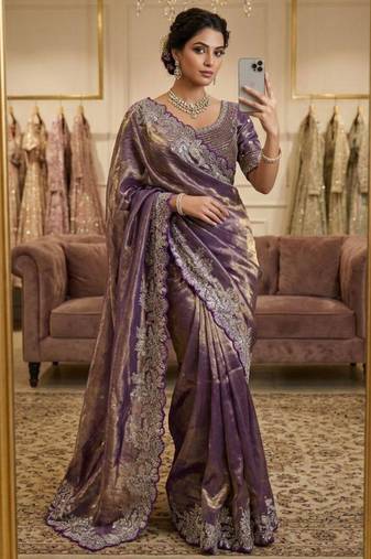 Purple satin embroidered saree