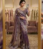 Purple satin embroidered saree