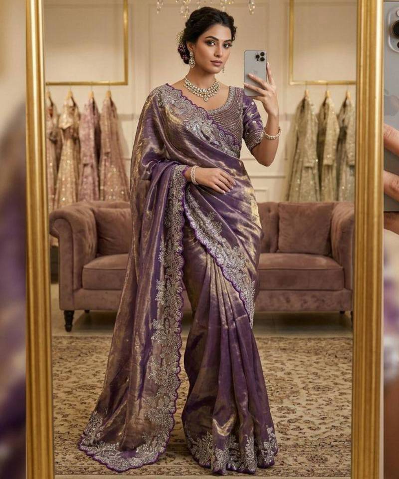 Purple satin embroidered saree