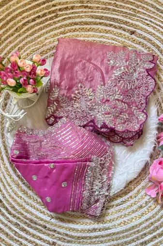 Pink satin embroidered sareer