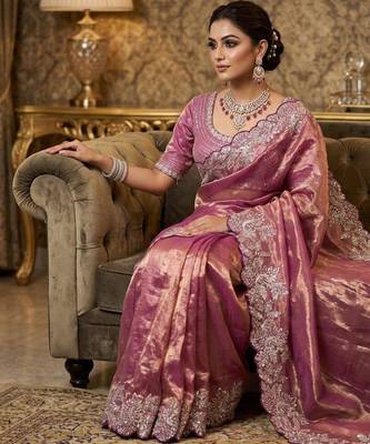 Pink satin embroidered sareer 5