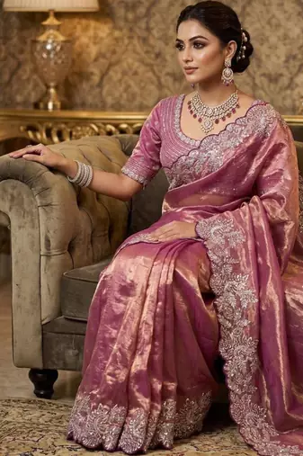 Pink satin embroidered sareer