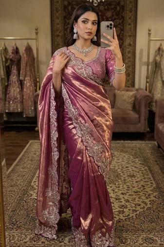 Pink satin embroidered sareer