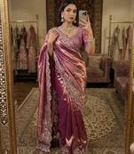 Pink satin embroidered sareer