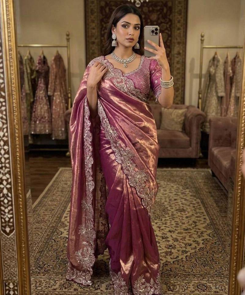 Pink satin embroidered sareer