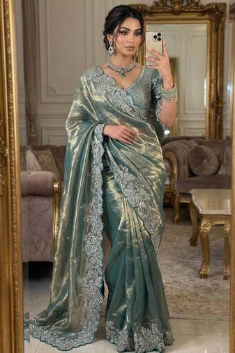 Teal satin embroidered saree