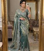 Teal satin embroidered saree