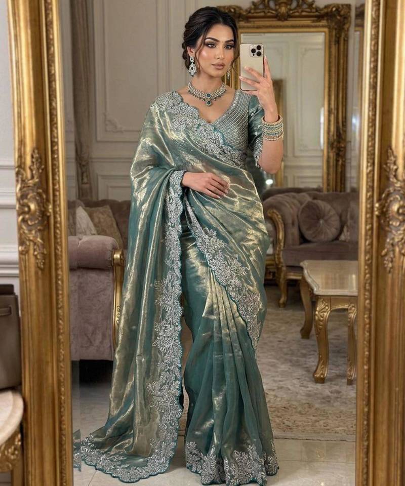 Teal satin embroidered saree