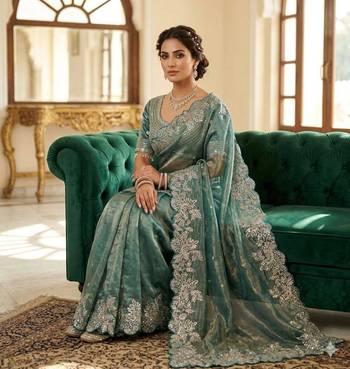Teal satin embroidered saree 4