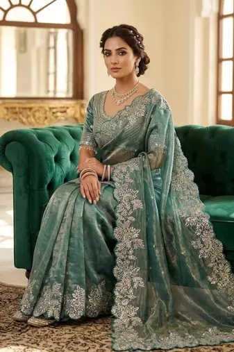 Teal satin embroidered saree