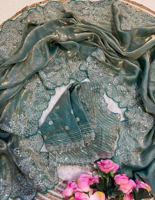 Teal satin embroidered saree 5