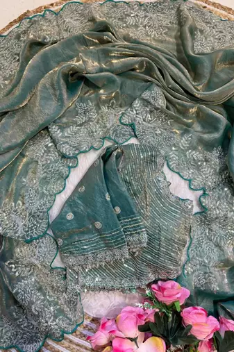 Teal satin embroidered saree