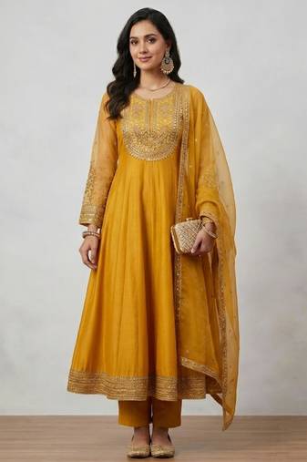Mustard anarkali with embroidered yoke