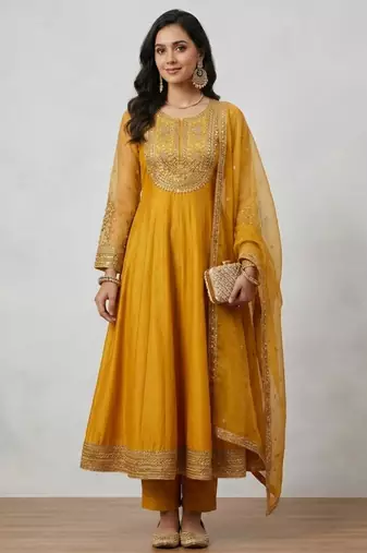 Mustard anarkali with embroidered yoke