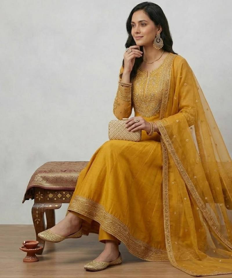 Mustard anarkali with embroidered yoke