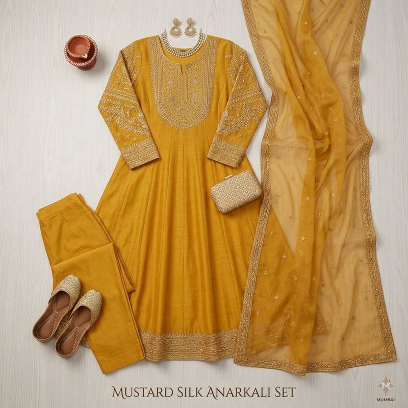 Mustard anarkali with embroidered yoke