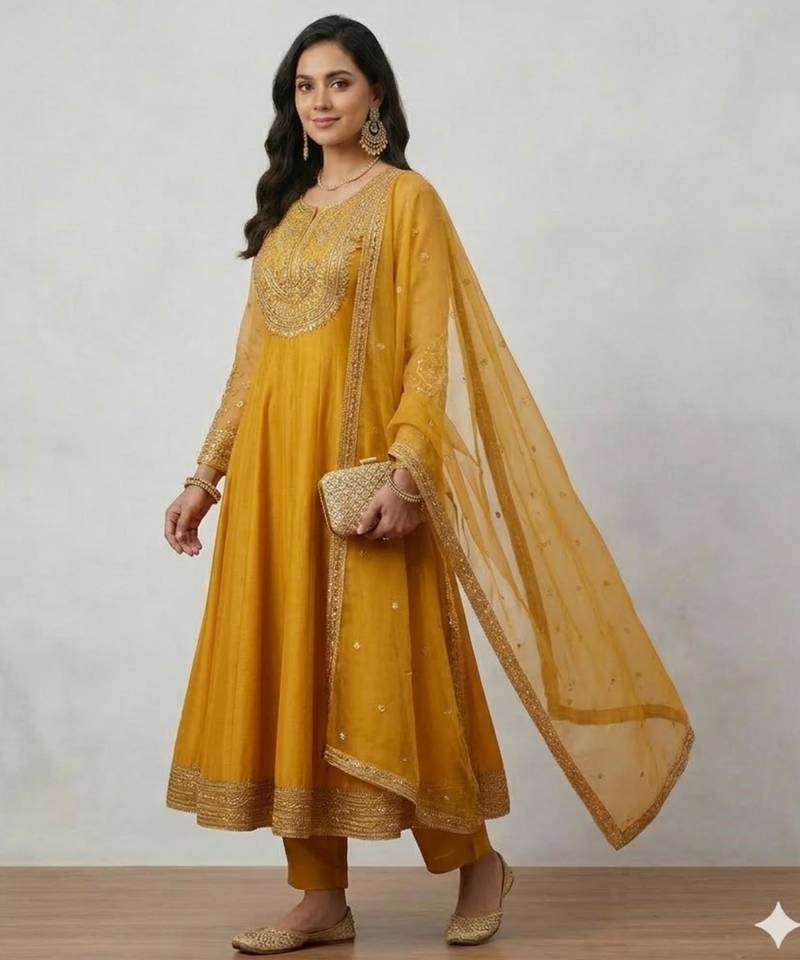 Mustard anarkali with embroidered yoke