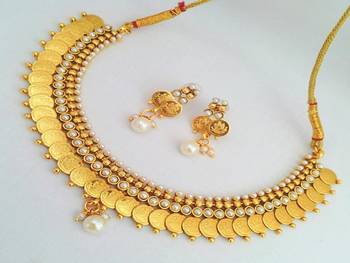 Magnificent Mahalaxmi Coin Necklace Set with Purity of Pearls. 1