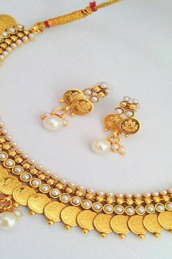 Magnificent Mahalaxmi Coin Necklace Set with Purity of Pearls.