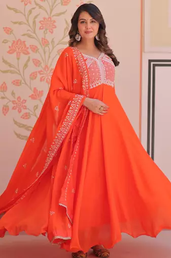 Orange star georgette rich sequins and beads embroidery flared gown with heavy dupatta