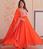 Orange star georgette rich sequins and beads embroidery flared gown with heavy dupatta